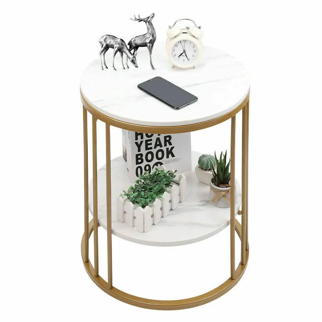 Round 2-Layer White Sintered Stone End Table with Golden Metal Frame, Small Round Coffee Table