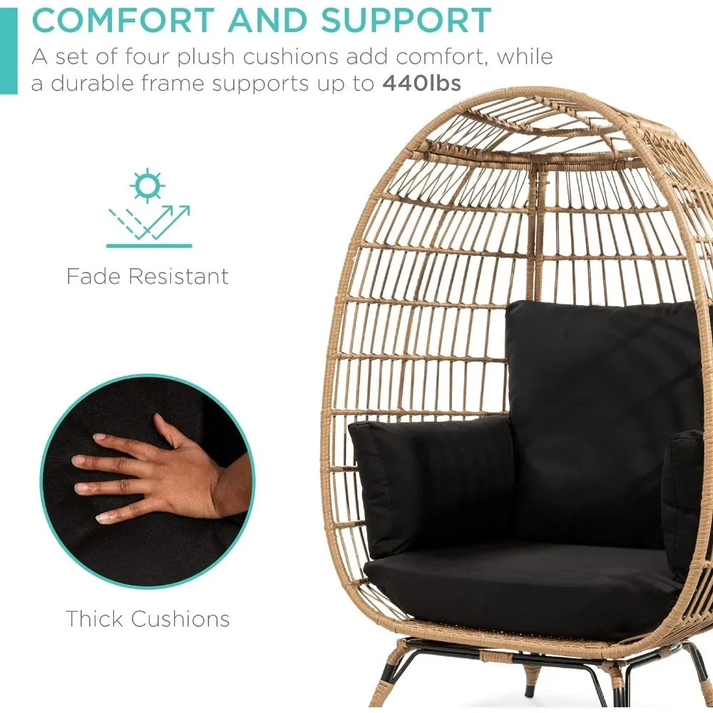 Indoor/Outdoor Egg Chair with Surround Support Cushions & Steel Wicker Wrapped Frame, Oversized Lounger