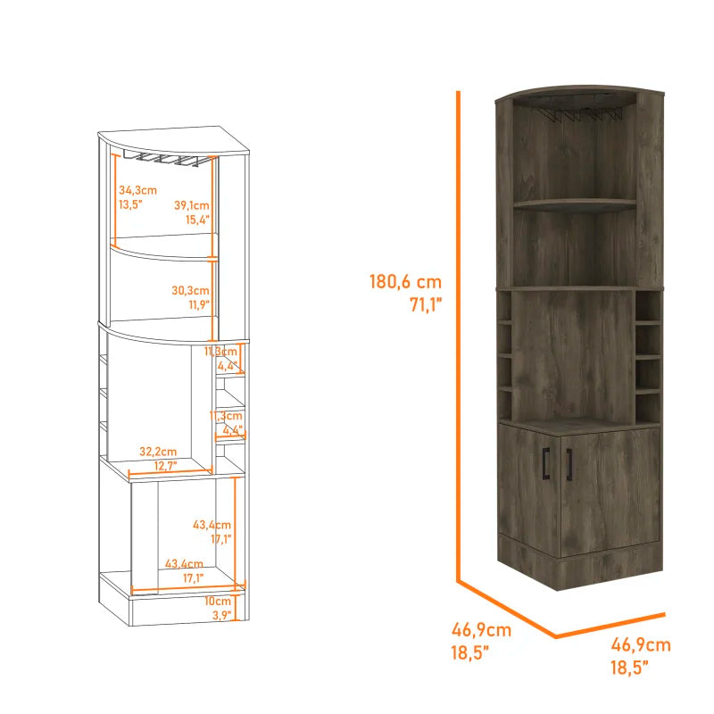 Corner Bar Cabinet with Wine Glass Rack, 8-Bottle Storage Cubbies, 2 Lower Cabinet Doors & 3 Display Shelves