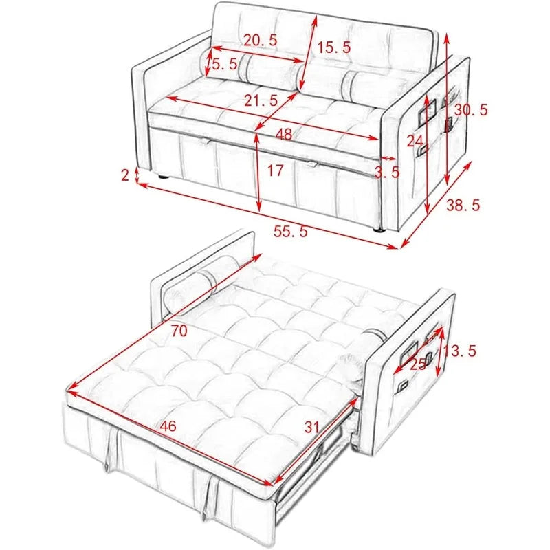 Sleeper Sofa Couch Bed, 3-in-1, Tufted Velvet Convertible Loveseat with Pullout Bed, Adjustable Backrest