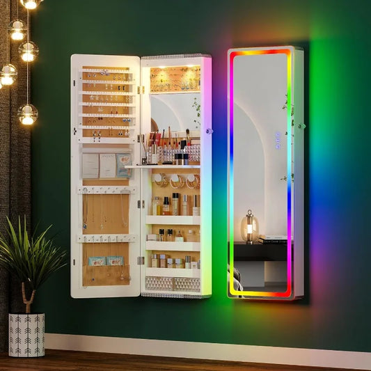 Jewelry Cabinet 47.2" Tall with LED RGB Multi-Lighting & Full-Length Mirror, Wall Mount or Over The Door Hanging