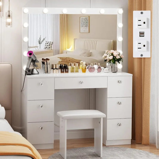 Makeup Vanity Desk 44" with 14 Led Lighted Mirror, Power Outlet and 7 Drawers, 3 Color Lighting Modes