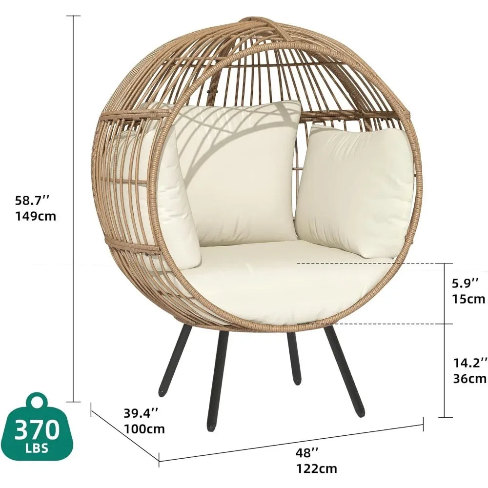 Indoor/Outdoor Wicker Egg Chair with Surround Support Cushions, Modern Round Basket Chair