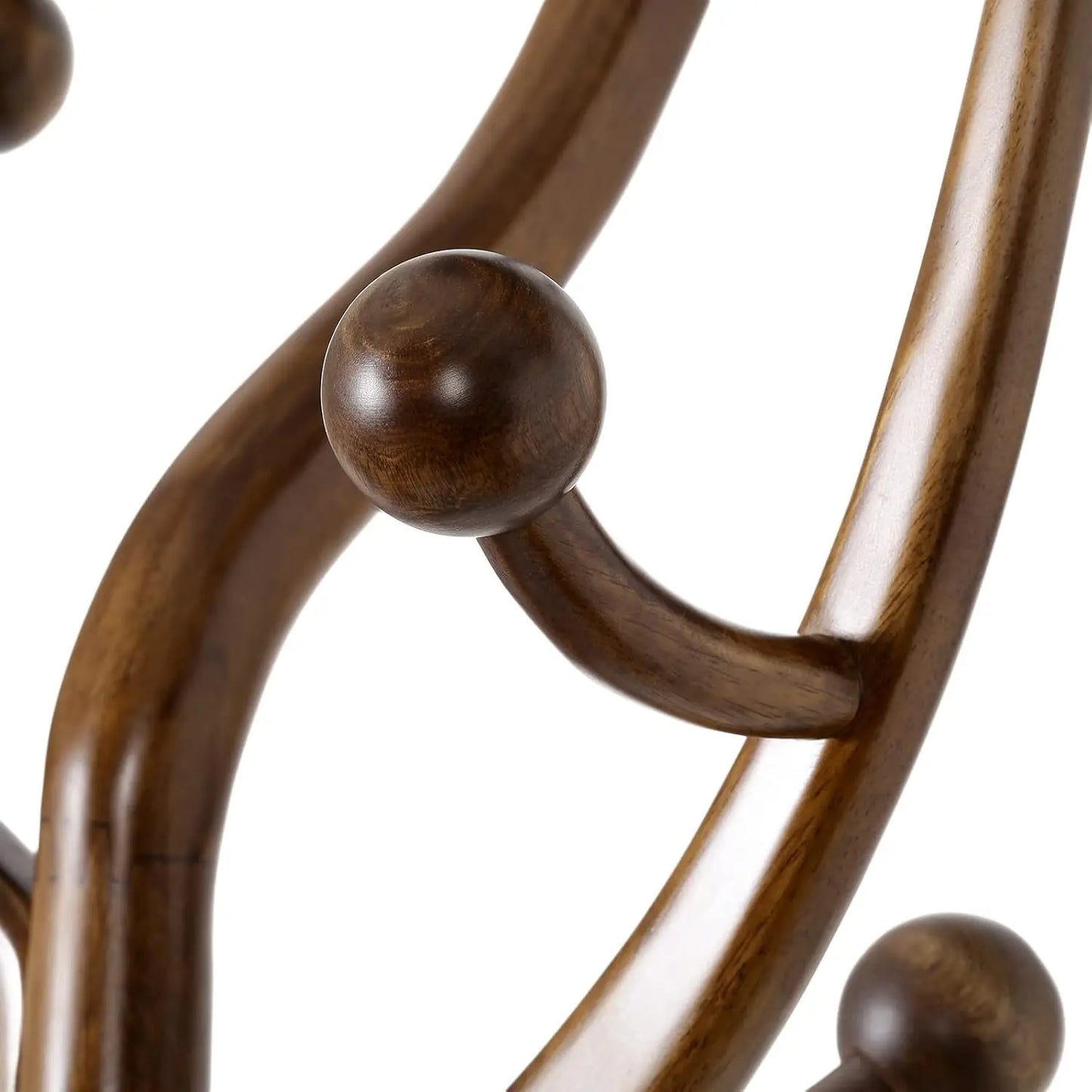 Freestanding  Wood Coat Rack with 8 Hooks & 4-Legged Ball-Shaped Base, Creative Tree Branch-Style Design, Walnut Brown Finish