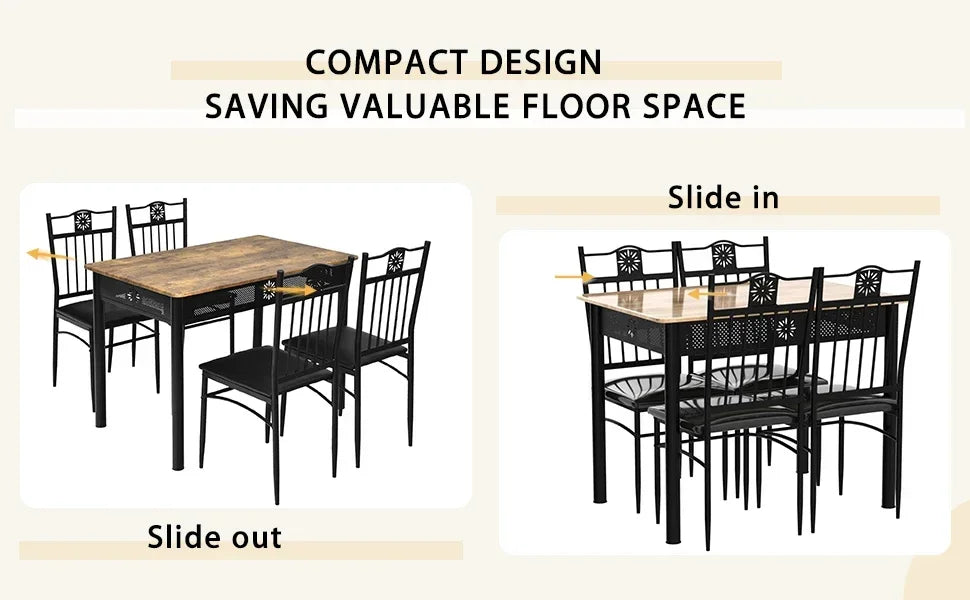 5-Piece Dining Table & Chair Set with Vintage Wood Finish Table Top, Metal Frame & Upholstered Seat Chairs