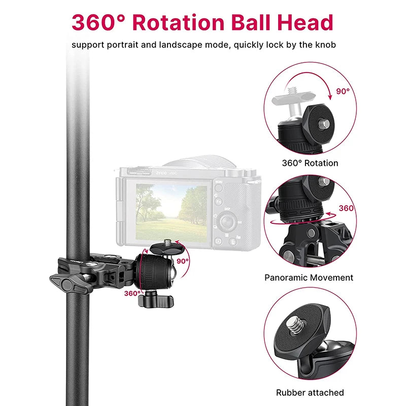 Quick Release Super Clamp with 360° Mini Ball-Head, 1/4" Stud Mount for Cameras, One-Piece Design & User Friendly