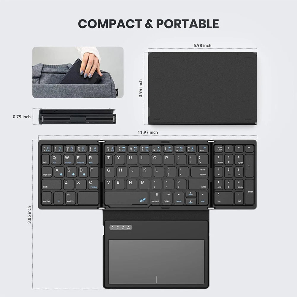 Foldable Bluetooth-Compatible Keyboard with Large Touchpad, Quadruple Folding Portable Travel Keyboard for Android, IOS, Windows