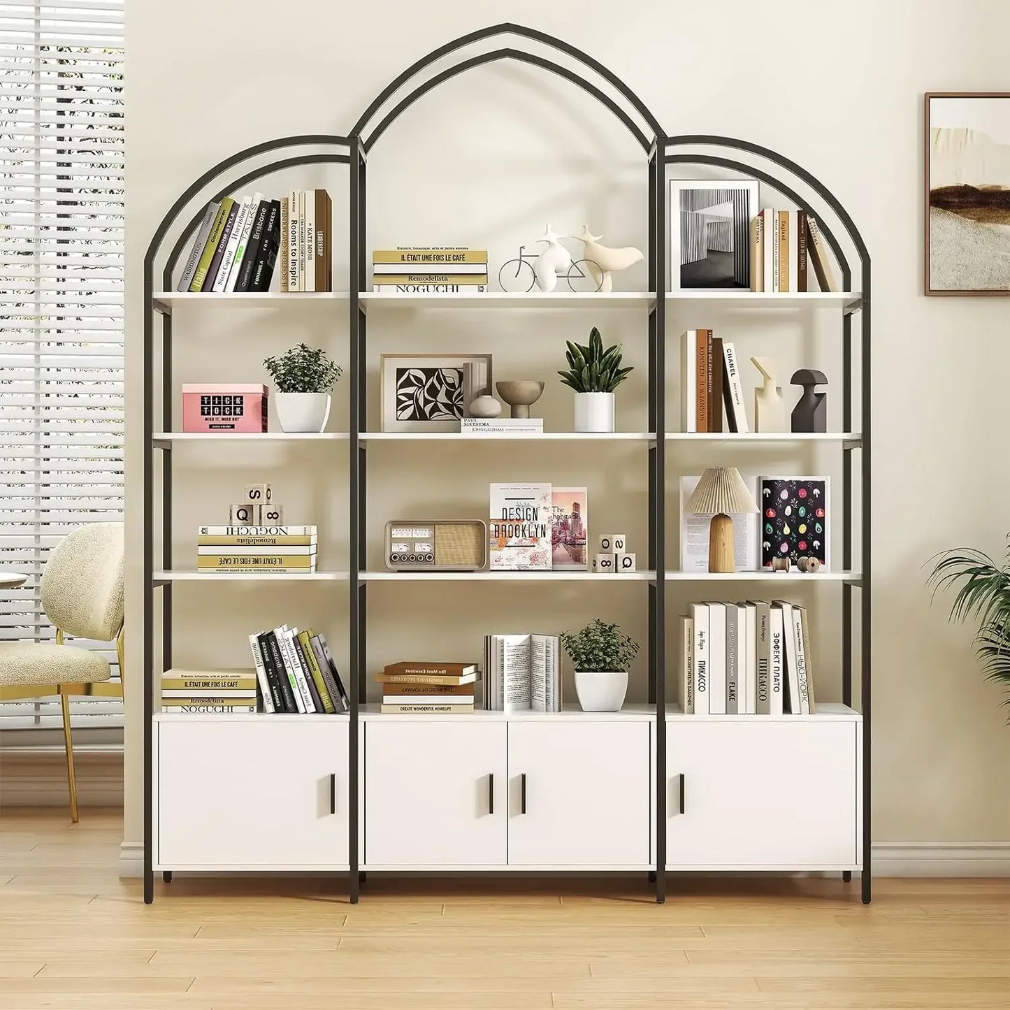 Arched Triple Wide 4-Tier Large Open Bookshelf with 3 Door Enclosed Cabinets, Crafted from Heavy Duty Black or Gold Finished Steel