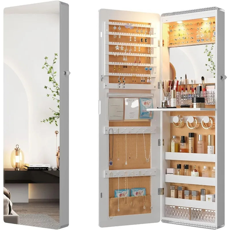 Jewelry Cabinet 47.2" Tall with LED RGB Multi-Lighting & Full-Length Mirror, Wall Mount or Over The Door Hanging