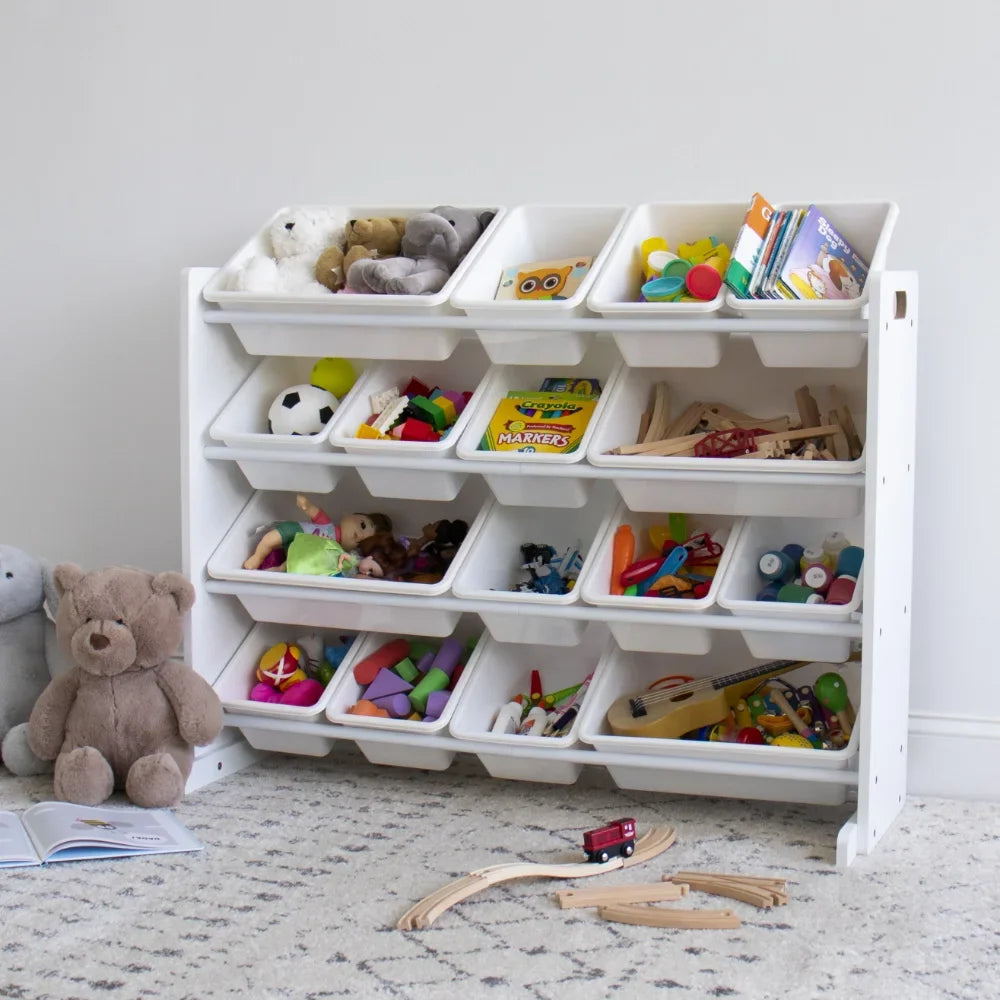 Kids Natural Wood Toy Storage Organizer with 4 Tiered Shelves & 16 White Plastic Storage Bins