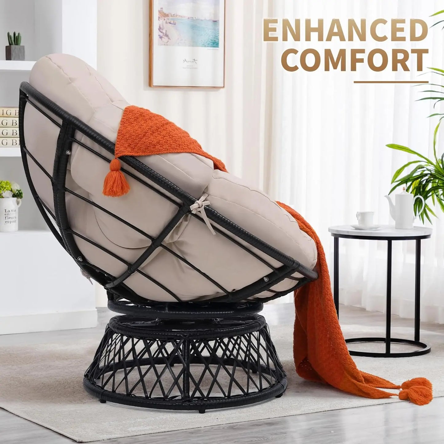 44" Extra Large Rattan Papasan Chair with 7" Thick Beige Cushion, Black Powder Coated Steel Frame, 360° Rotation Swivel & Adjustable Feet