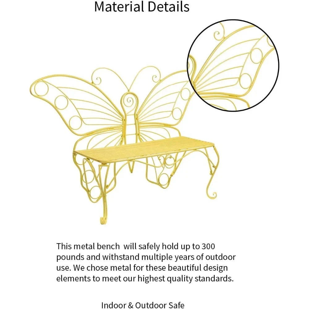 Butterfly Shaped 2 Person Indoor/Outdoor Metal Bench, Colorful Powder-Coated Tubular Frame, Yellow