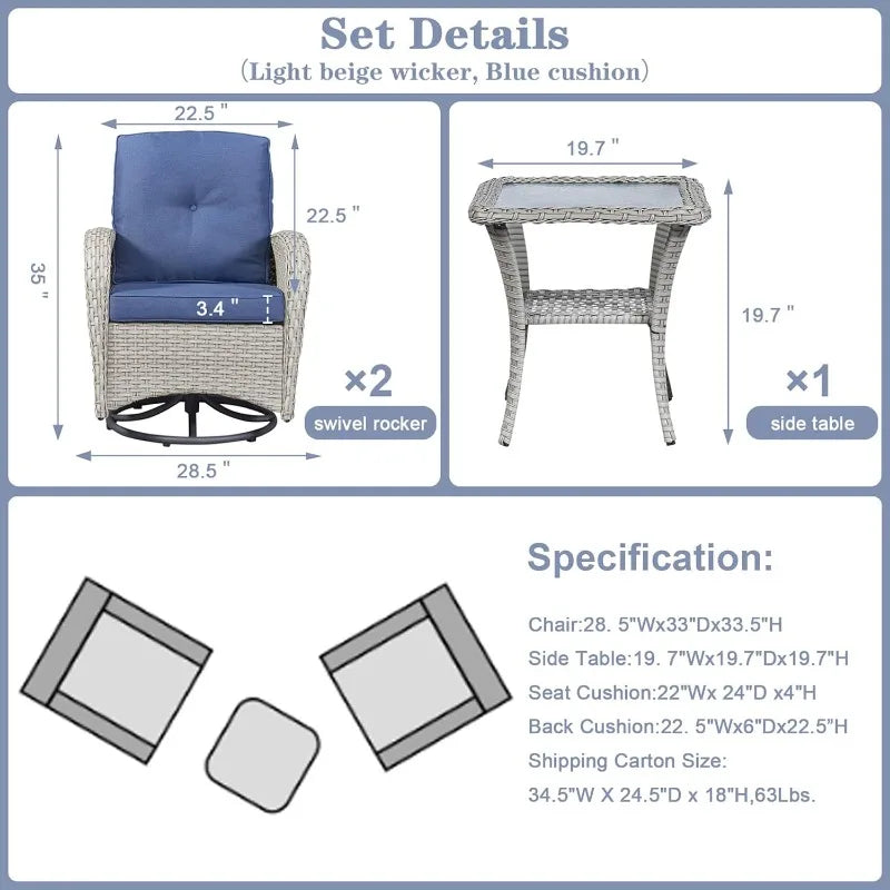 3-Piece Outdoor Patio Set, Two Glider Chairs with 360° Rotation, High Backrests & Wide Curved Armrests and Rattan Side Table