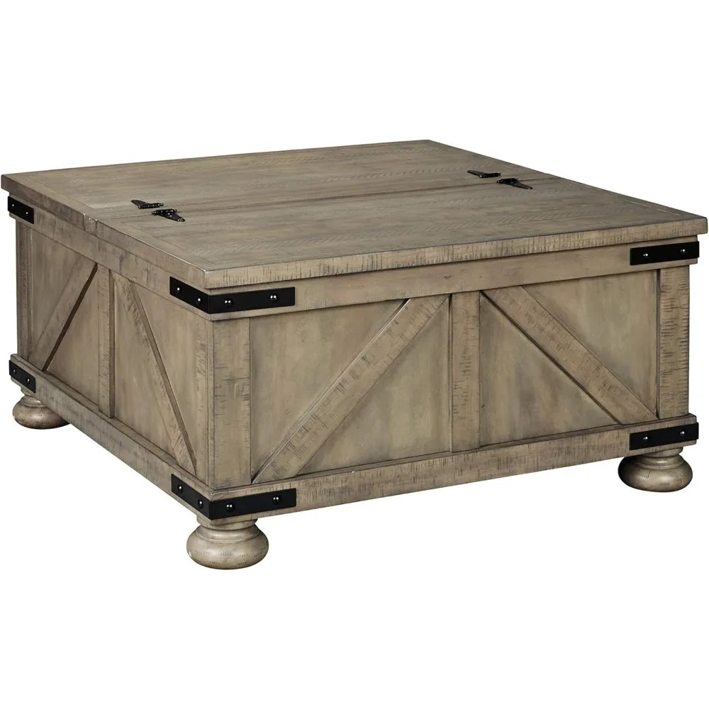 Farmhouse Square Coffee Table with Hidden Storage under 2 Side-Hinged Lift Tops, Weathered-Look with Metal Accents