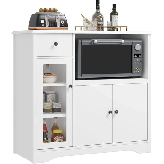 Kitchen Storage Cabinet with 2 Cupboards, 1 Drawer & Open Space for Microwave, Buffet Cabinet with Adjustable Shelves