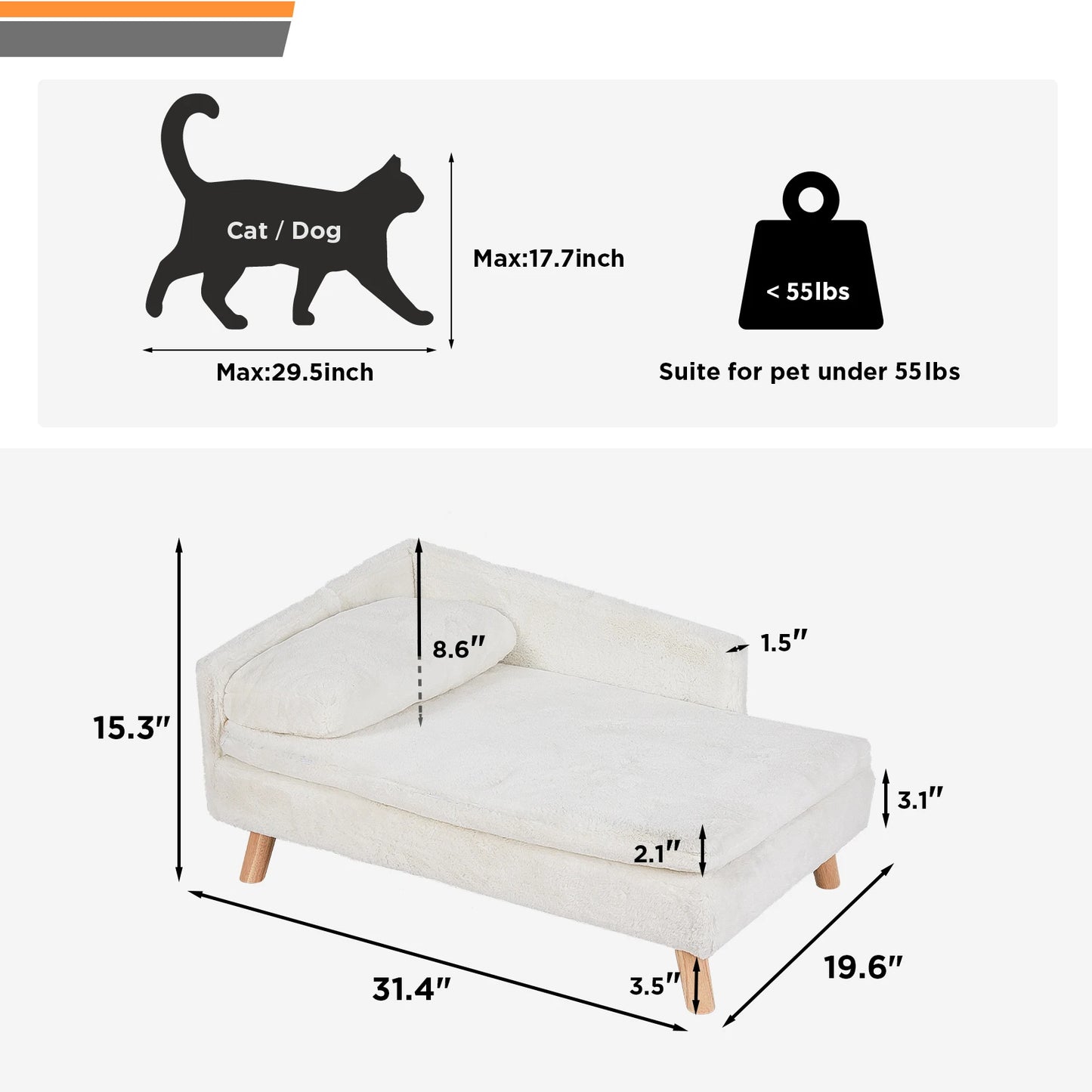 Elevated Pet Sofa Bed with Cushion Mattress, Pillow & Sturdy Wood Legs, Great for Cats & Small Dogs