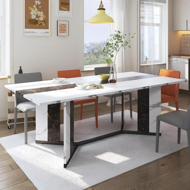 Rectangular 71" Dining Table for 4-8 People with Marble-Like Texture Tabletop, Adjustable V-Shaped Legs & Reinforced Crossbars for Stability