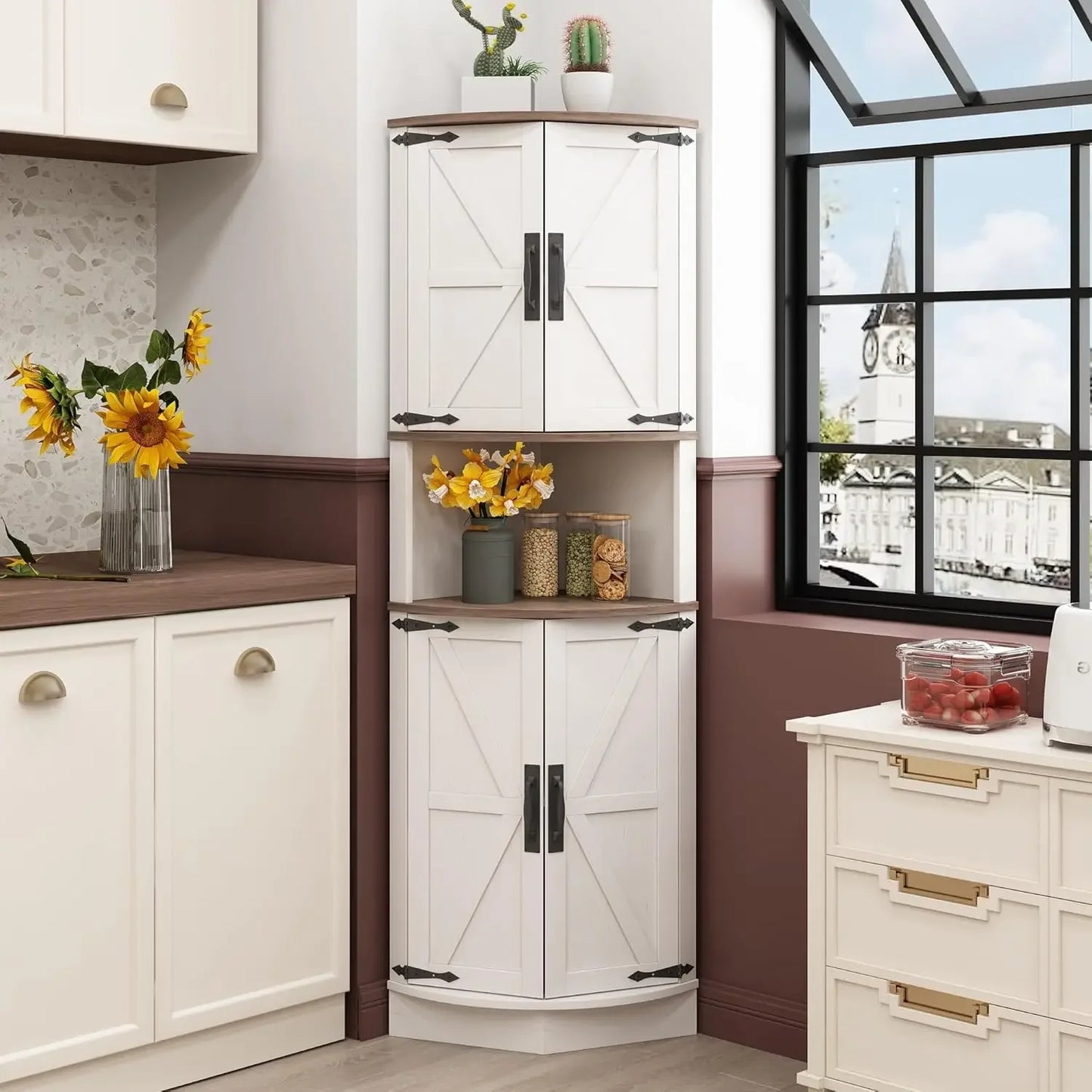 Space Saver Corner Cabinet with Right-Angle Design, 2 Enclosed Cupboards with 4 Barn Style Doors & Open Storage Shelf