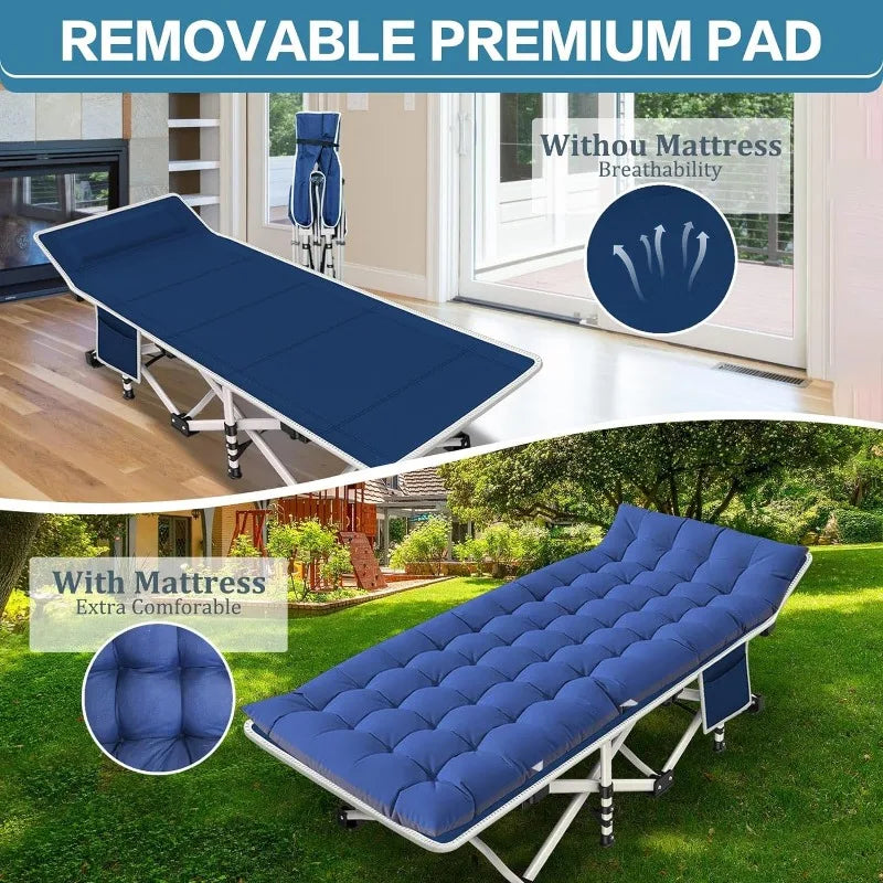 Heavy Duty Steel Frame Camping Cots with Pad, Removable Cushion, Side Storage Pockets & Carry Bag, Foldable & Portable Design, 2 Pack