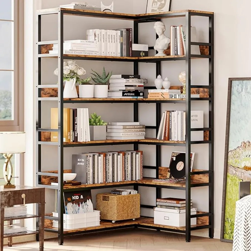 Metal Frame Industrial Bookshelves, 78" Tall 6-Tier Corner Bookcase with 12 Shelves & Wood Baffles