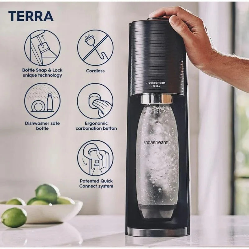 Sparkling Water Maker Bundle with 2x - CO2 Cylinders, 3x -Dishwasher Safe Bottles & 2x -40ml Drops Flavors