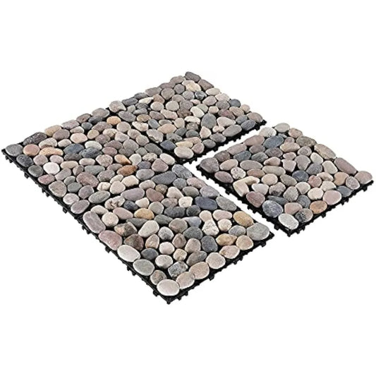 Interlocking Stone Pebble Style Floor Tiles with Open Grid Underside, 11.8”x11.8”, 4pcs