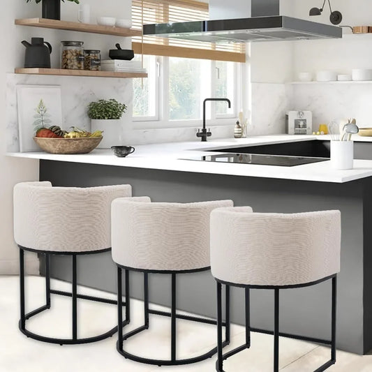 Kitchen Counter Island Stools, Set of 3 with Upholstered Fabric & Black Metal Base, 24" Seat Height, Arched Backrest with Armrests