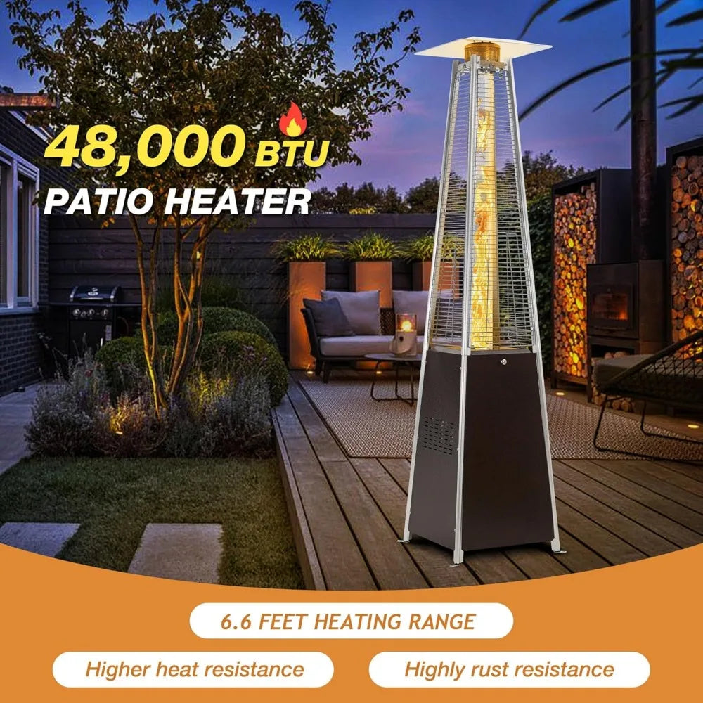 Outdoor Propane Pyramid Patio Heater 48,000 BTU with Detachable Wheels, Push-Button Pulse Ignition System, Auto Shut-Off & Protective Cover