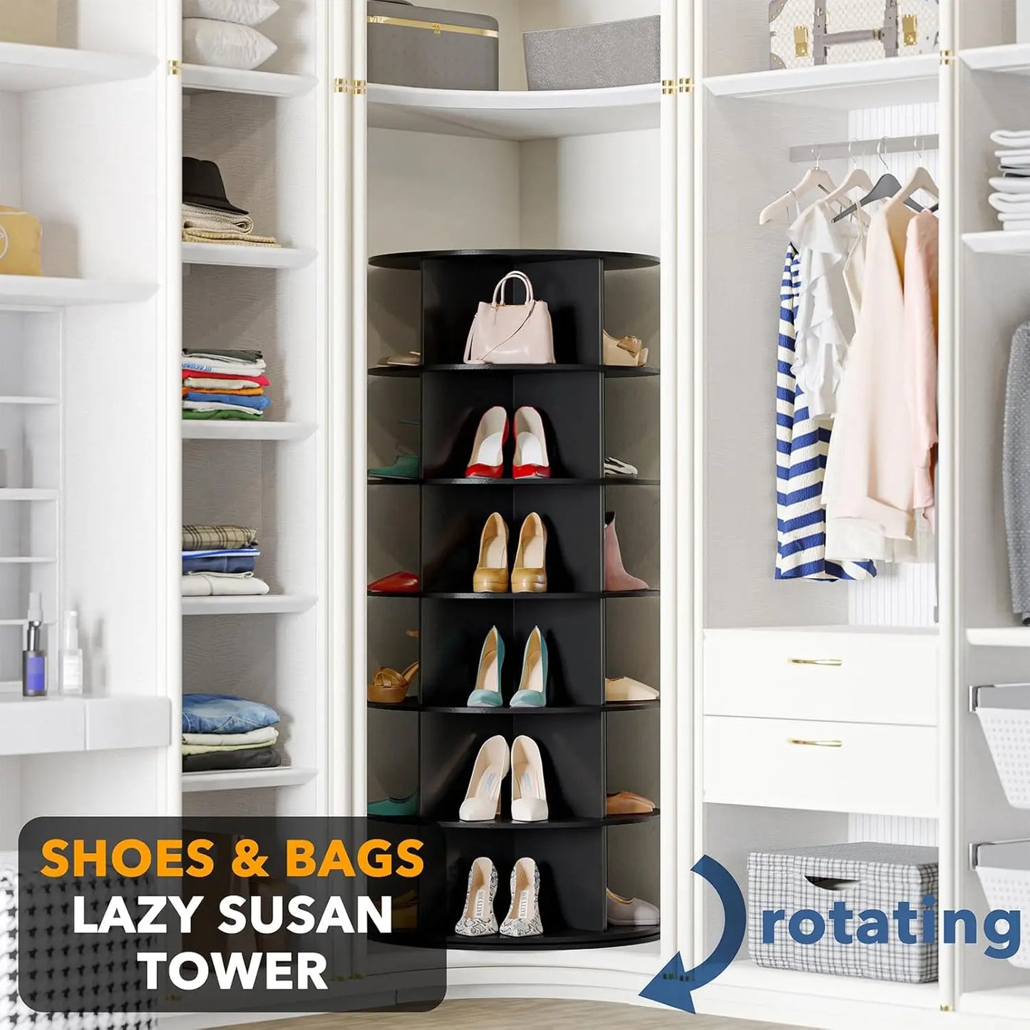 Rotating Shoe Organizer Tower 6-Tier, Space-Saving Vertical Handbag Display, Living Room Spinning Display Case