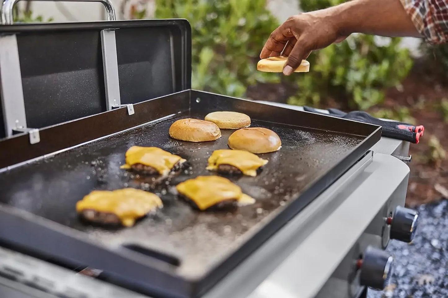 Large Wheel Portable Gas Griddle 28" with 3 Burner System, Front-Access Grease Tray & 2 Side Tables with 4 Grilling Tool Hooks