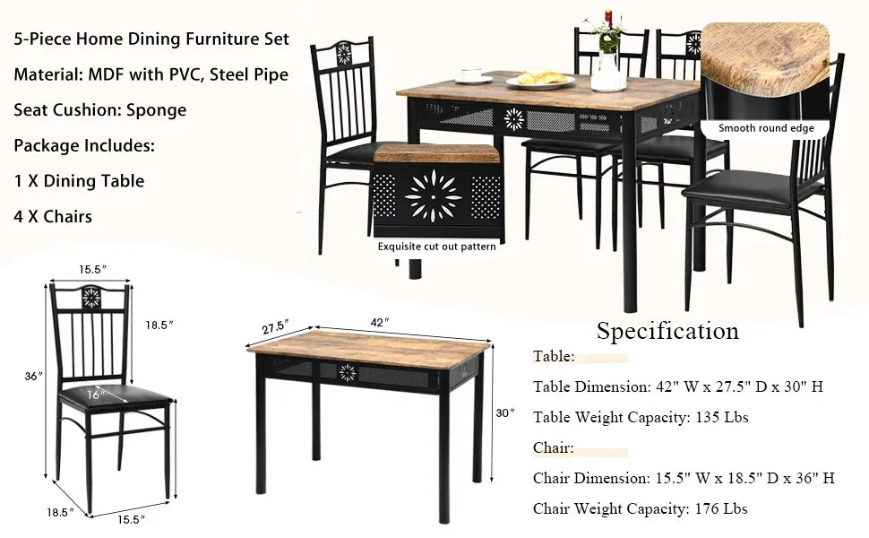 5-Piece Dining Table & Chair Set with Vintage Wood Finish Table Top, Metal Frame & Upholstered Seat Chairs