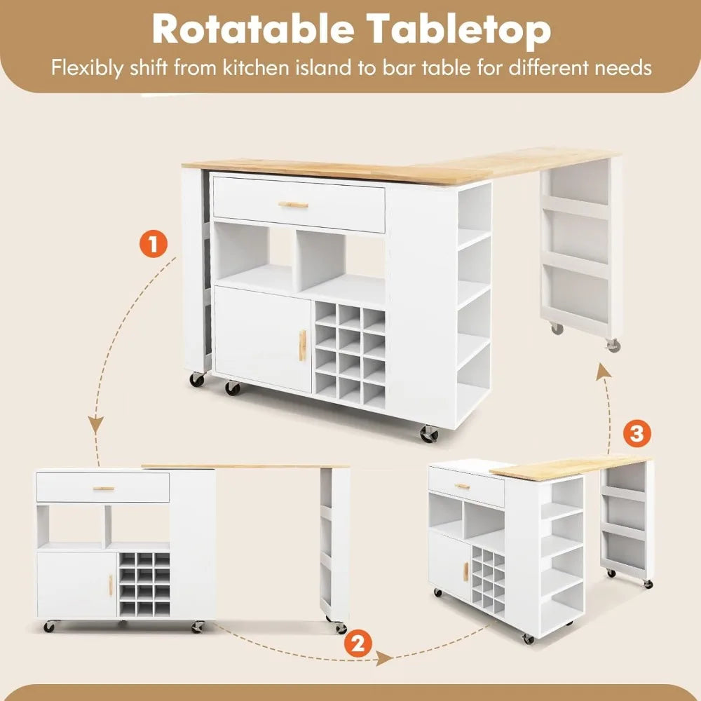 Mobile Kitchen Island Cart with Rubber Wood Countertop, Slide-Out Drawer, 2 Open Compartments, 4-Tier Side Shelves & 7 Smooth Rolling Casters