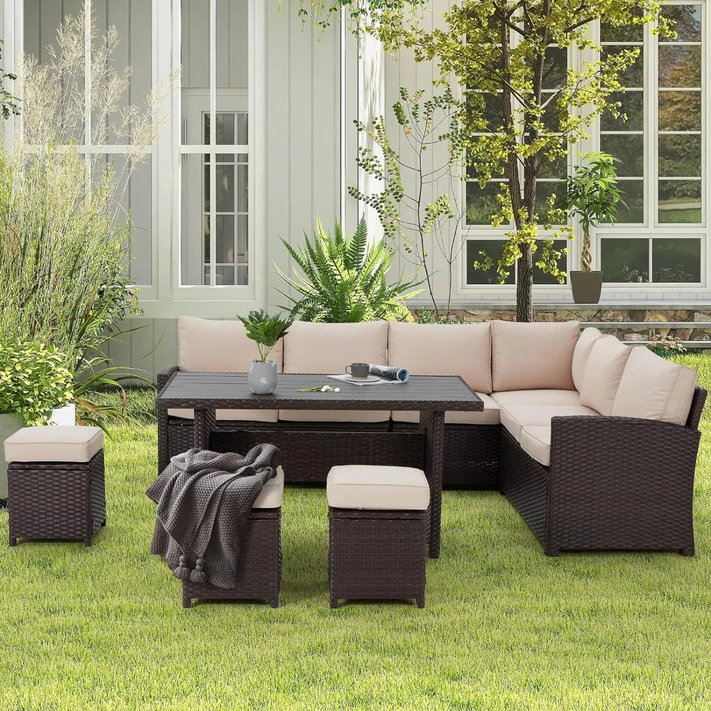 All Weather Wicker Rattan Patio Furniture 7 piece Set, Sectional Sofa Conversation Set, Washable Cushion Covers