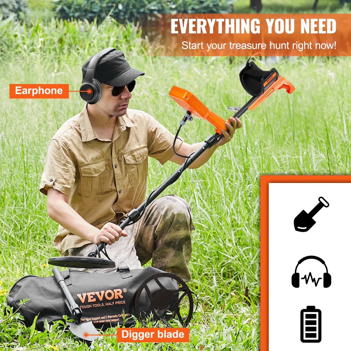 Rechargeable Metal Detector (12" Detection Depth) with IP68 Waterproof Coil, 39"-50" Adjustable Handle & LCD 7 Modes