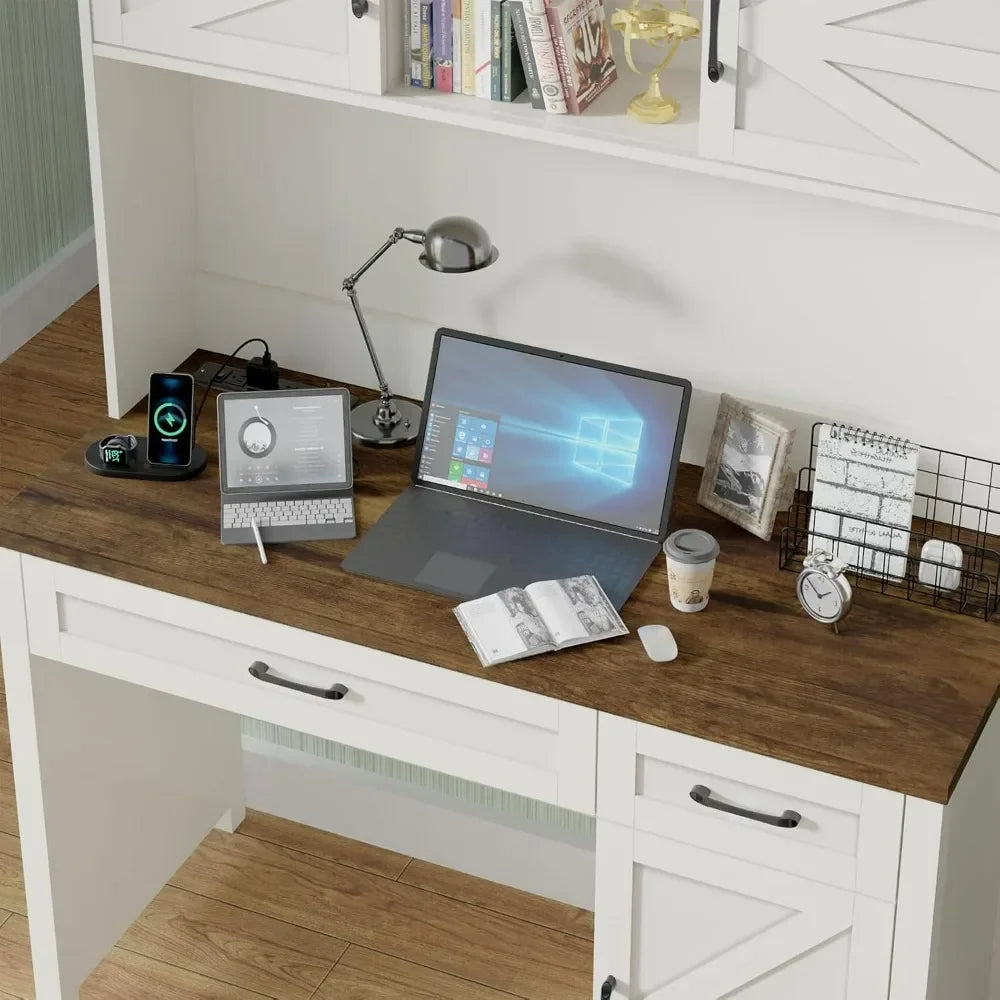 Workstation Computer Desk with On-Off Switch Charging Hub, 2 Sliding Drawers, 2 Storage Cabinets & 6 Cubbies Behind 2 Sliding Doors