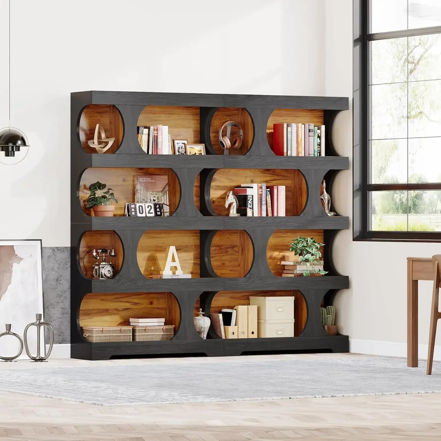 71" Tall 4-Tier S-Shaped Bookshelf Set of 2, Two-Tone Black & Brown Color Scheme, Baffled Shelves, Sturdy Raised Base