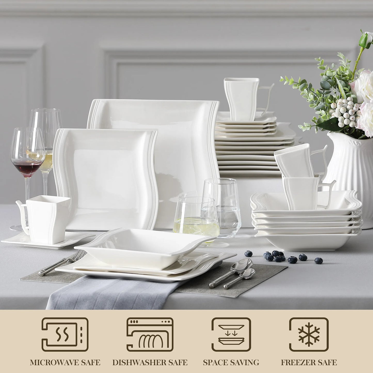 Marble Porcelain Dinnerware Set, Fired at High Temperature, Microwave & Dishwasher Safe, 30pc or 60pc Sets