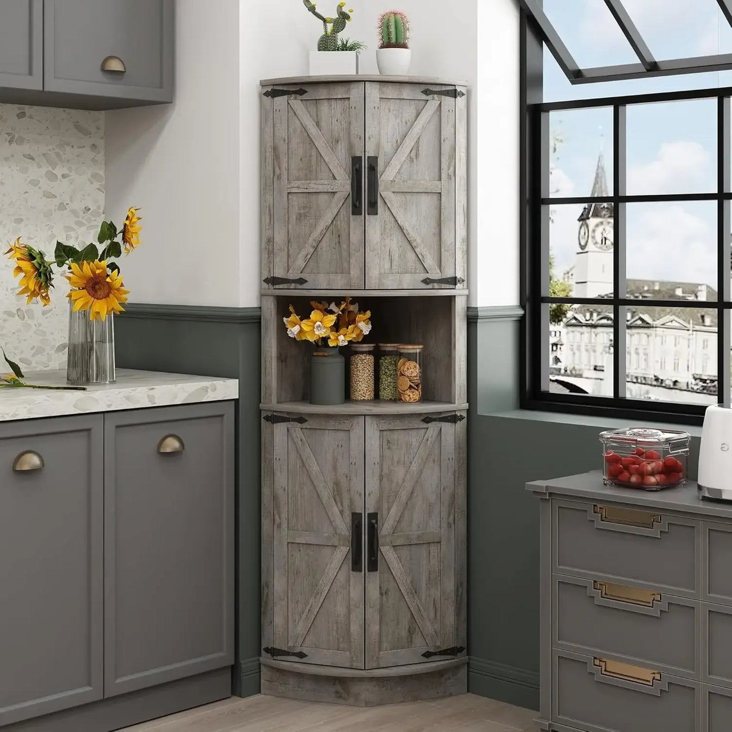 Space Saver Corner Cabinet with Right-Angle Design, 2 Enclosed Cupboards with 4 Barn Style Doors & Open Storage Shelf