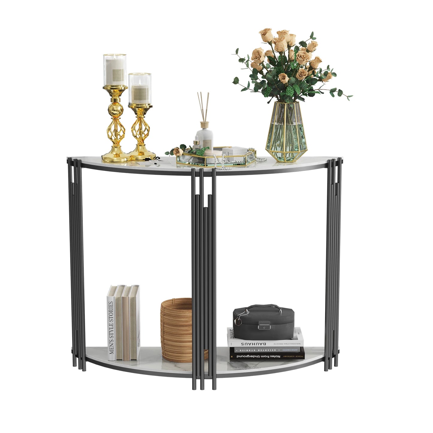 Half Moon 2-Tiered Entryway Table with Glossy White Sintered Stone Top & Black Metal Base, Place Against a Wall or The Back of Sofa