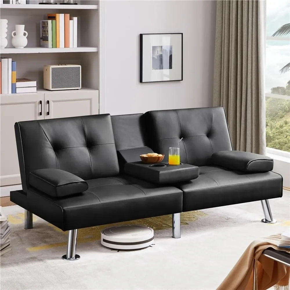 Artificial Leather Sofa Bed with Drop-Down Cup Holders & 2 Throw Pillows, Adjustable Backrest Lays Flat to Create a Platform Bed