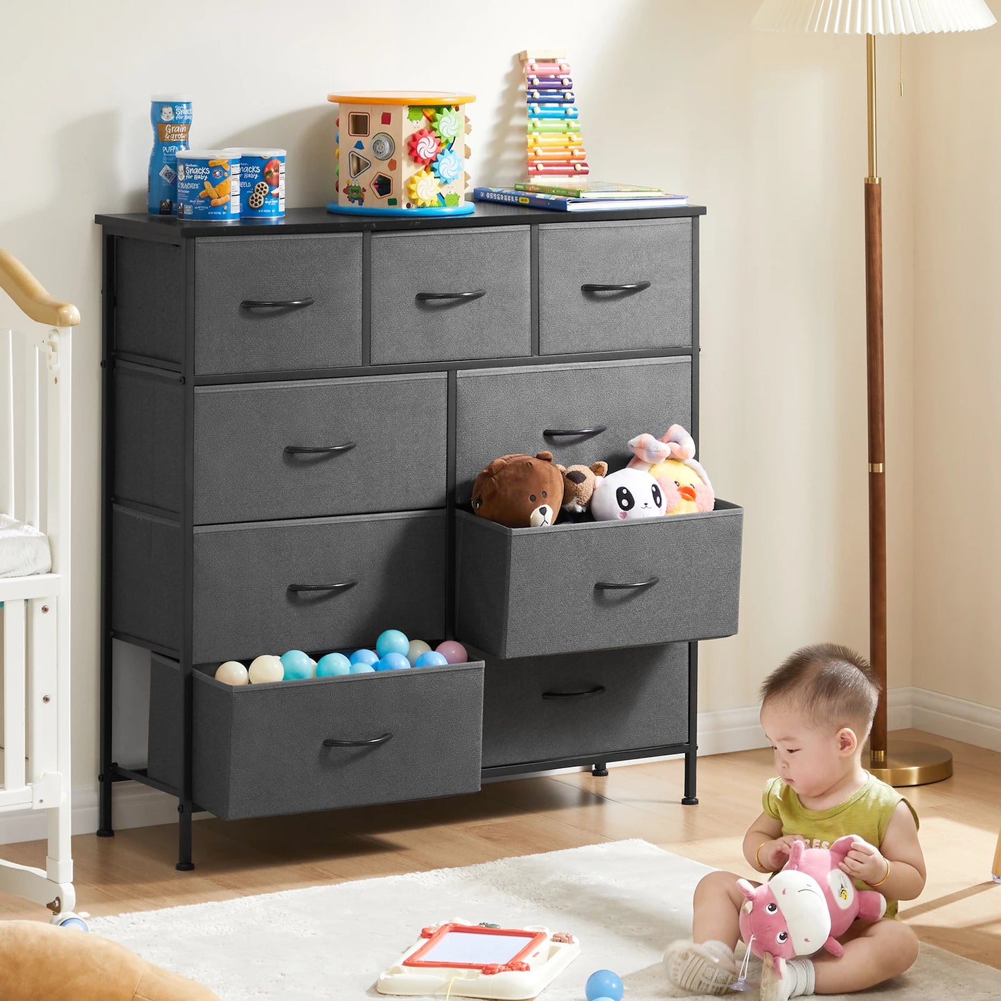 Dresser For Bedroom with Steel Frame & 9 Fabric Drawers, Clothes or Children's Toy Storage