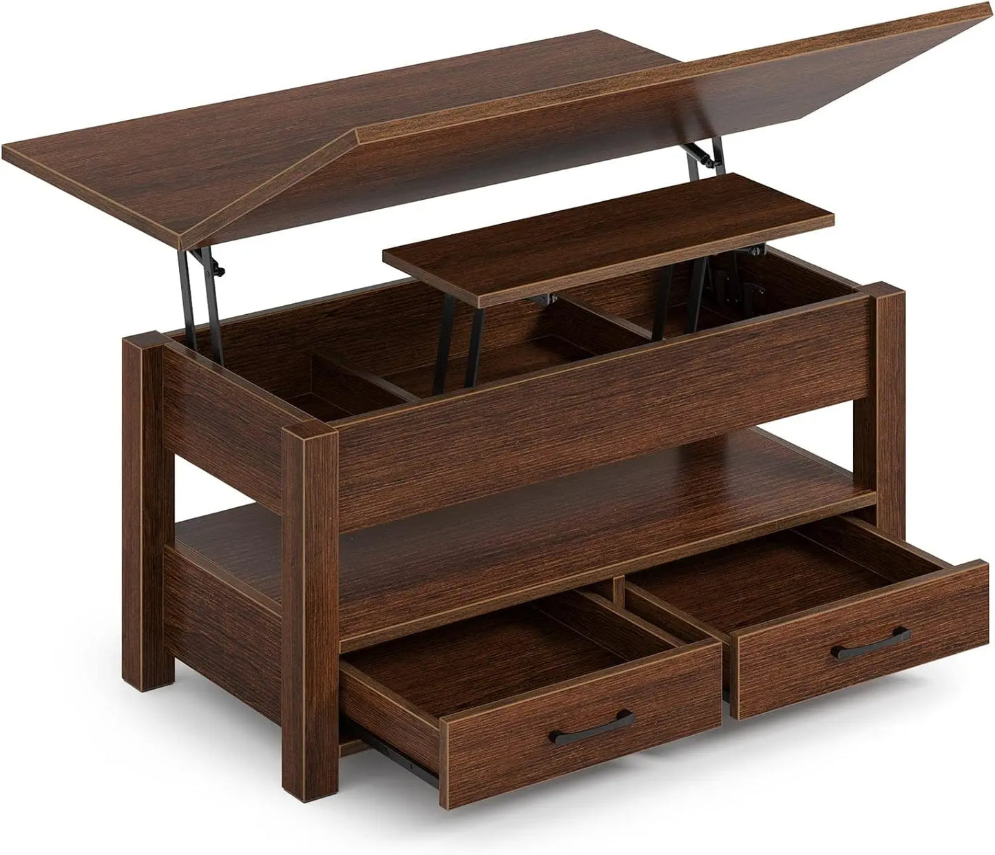 Split Lift Top Coffee Table with 3 Hidden Storage Areas & 2 Sliding Drawers, Multi-Functional Table for Smaller Rooms