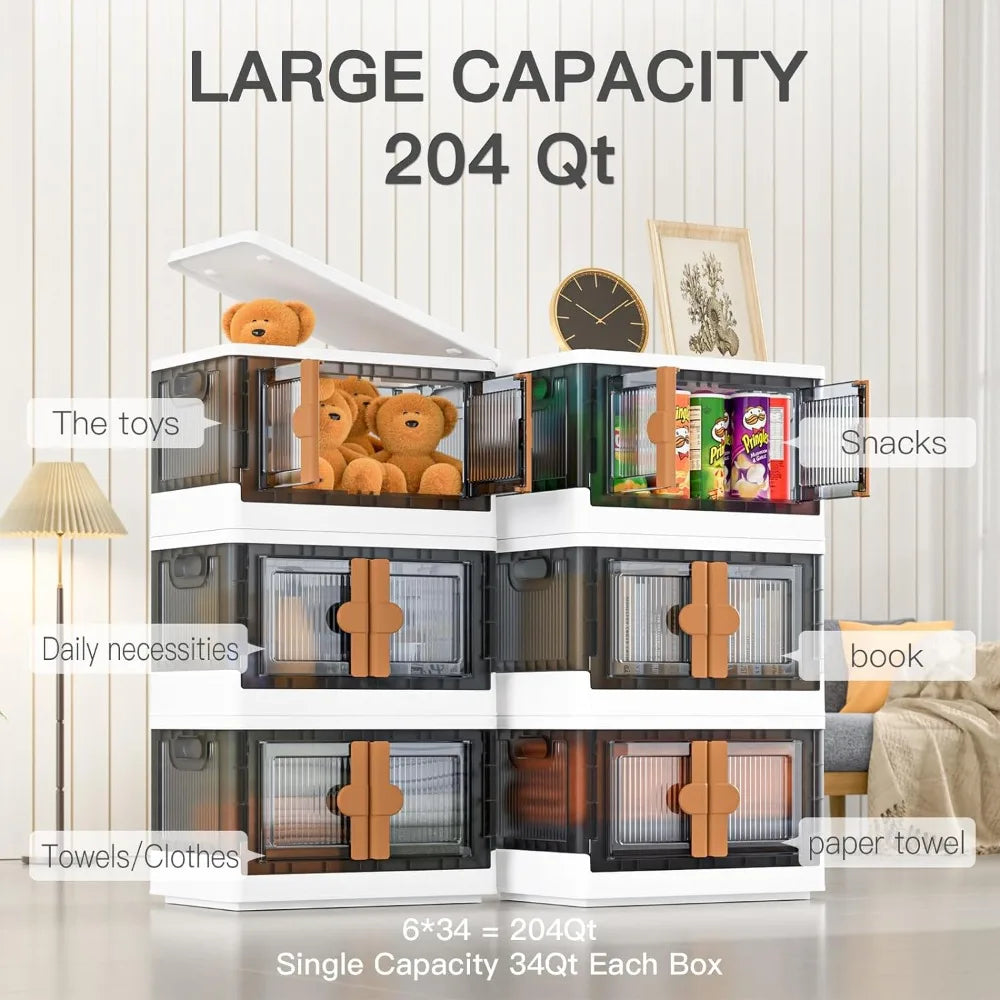 Collapsible & Stackable 34 Quart Storage Bins with Lids & Wheels, 2 Ways to Open; Top Lid or Front Side Doors, 6-Pack