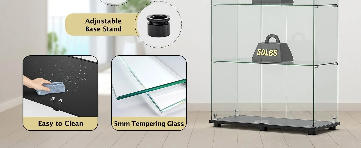 Floor Standing Glass Display Cabinet with 4 Tempered Glass Shelves, Double Lockable Doors & Adjustable Base Stand