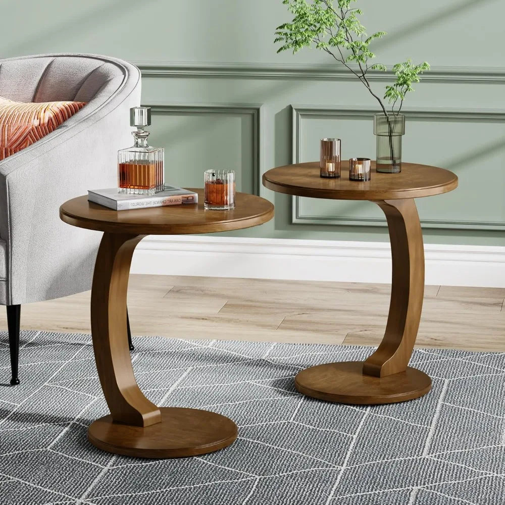 Vintage Industrial Design Wooden End Table, Round Tabletop & Base Connected with a C-Shaped Wood Leg