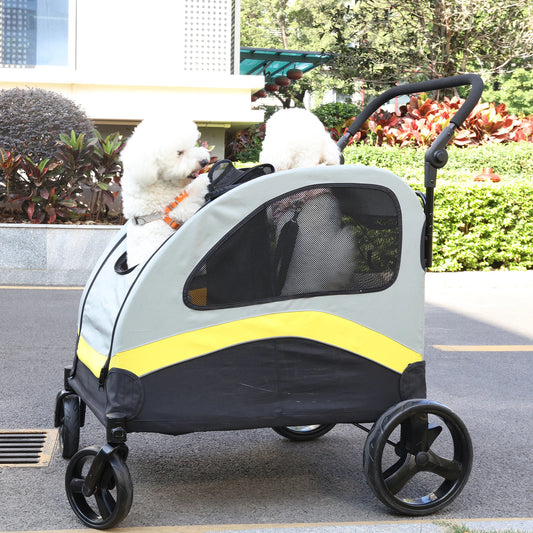 Jogger Pet Stroller for 2 Dogs with Zipper Divider & 4 Heavy Wheels, One-Press Folding Mechanism, Foot Brake & Wide Handle