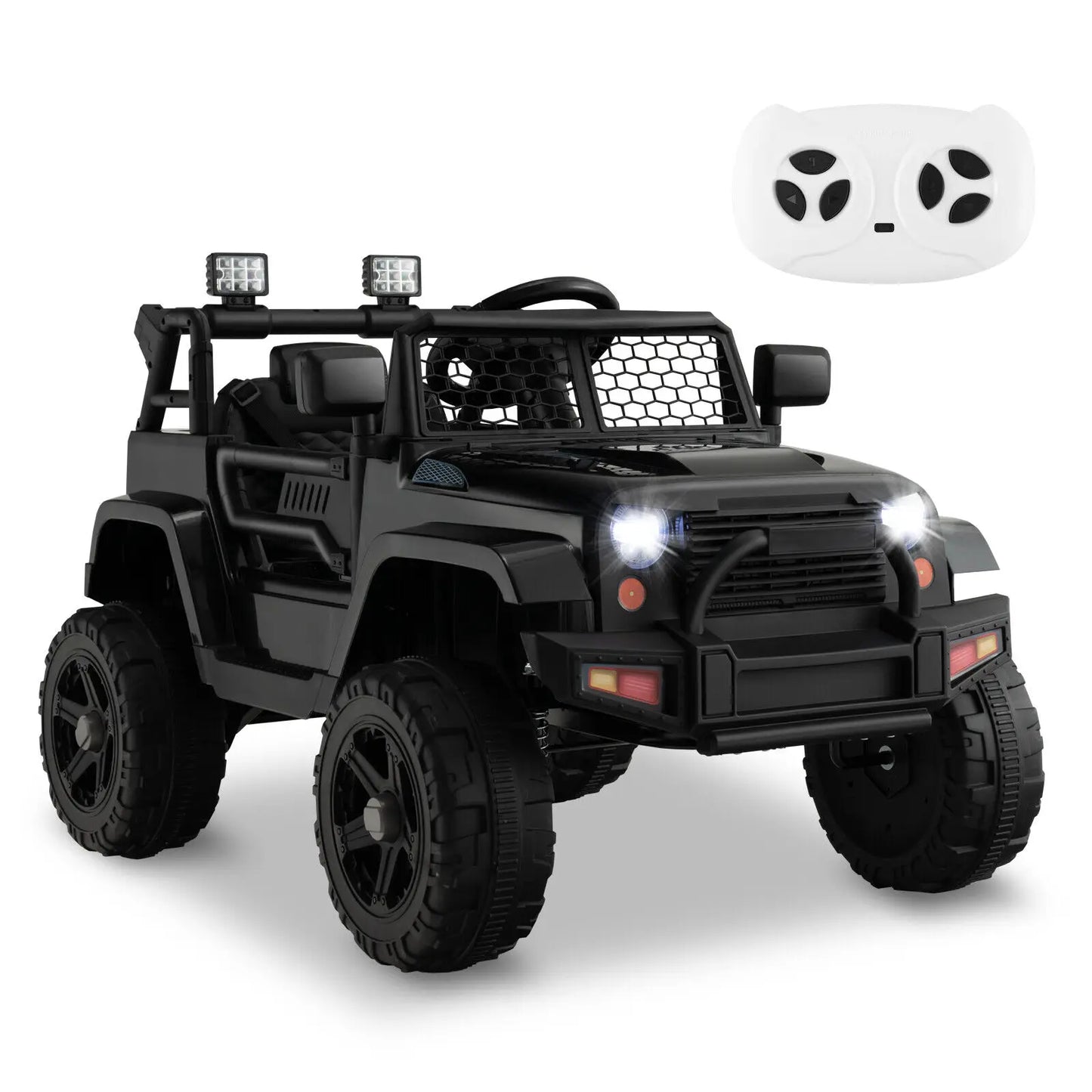 Midnight Edition Electric 12V Kids Ride On with 4 Spring Shocks, Remote Control, Lockable Doors & Screen Style Windshield