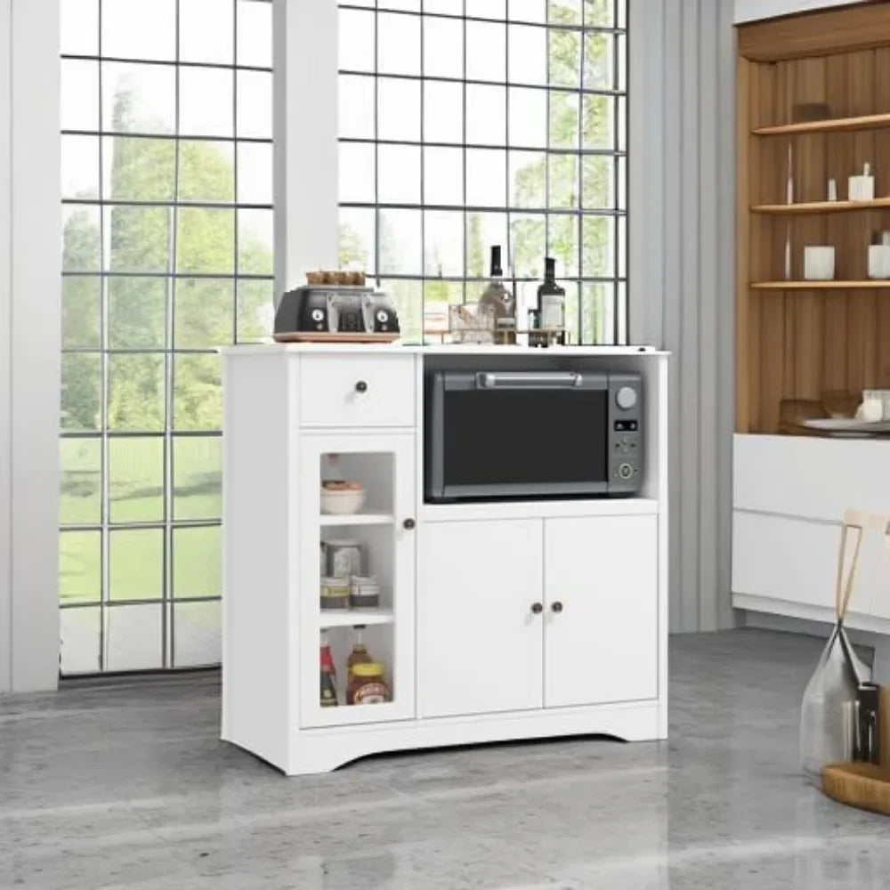 Kitchen Storage Cabinet with 2 Cupboards, 1 Drawer & Open Space for Microwave, Buffet Cabinet with Adjustable Shelves