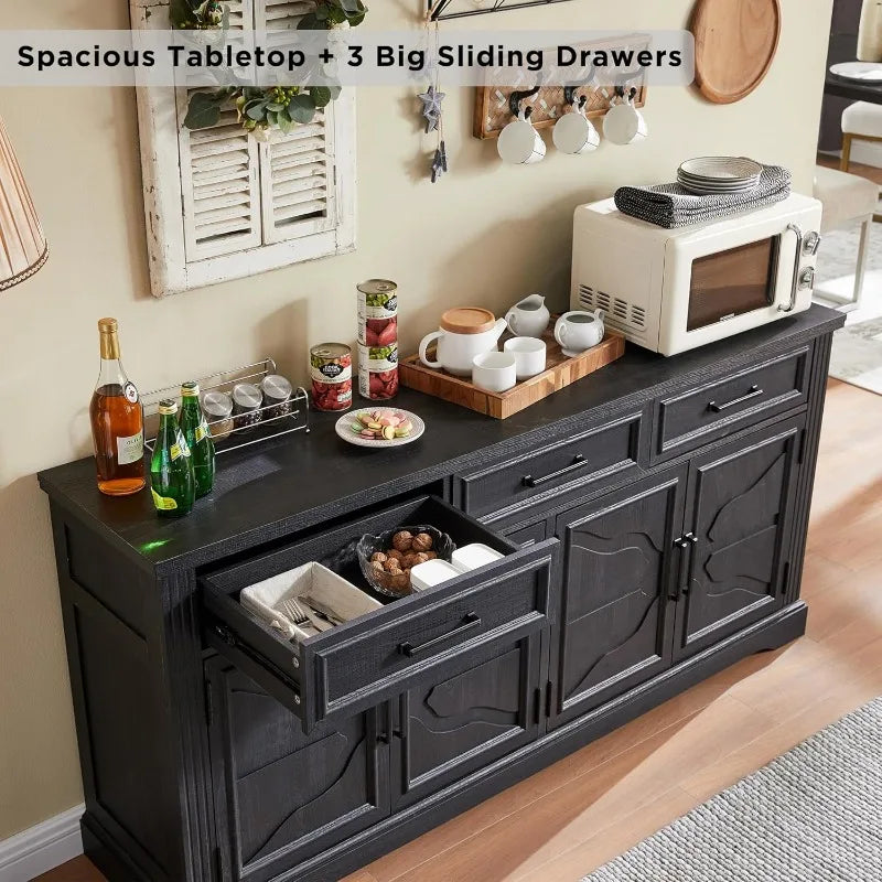 Large Buffet Sideboard Cabinet 66" with  Spacious Tabletop, 3 Drawers & Adjustable/Removable Shelves Behind 4 Doors