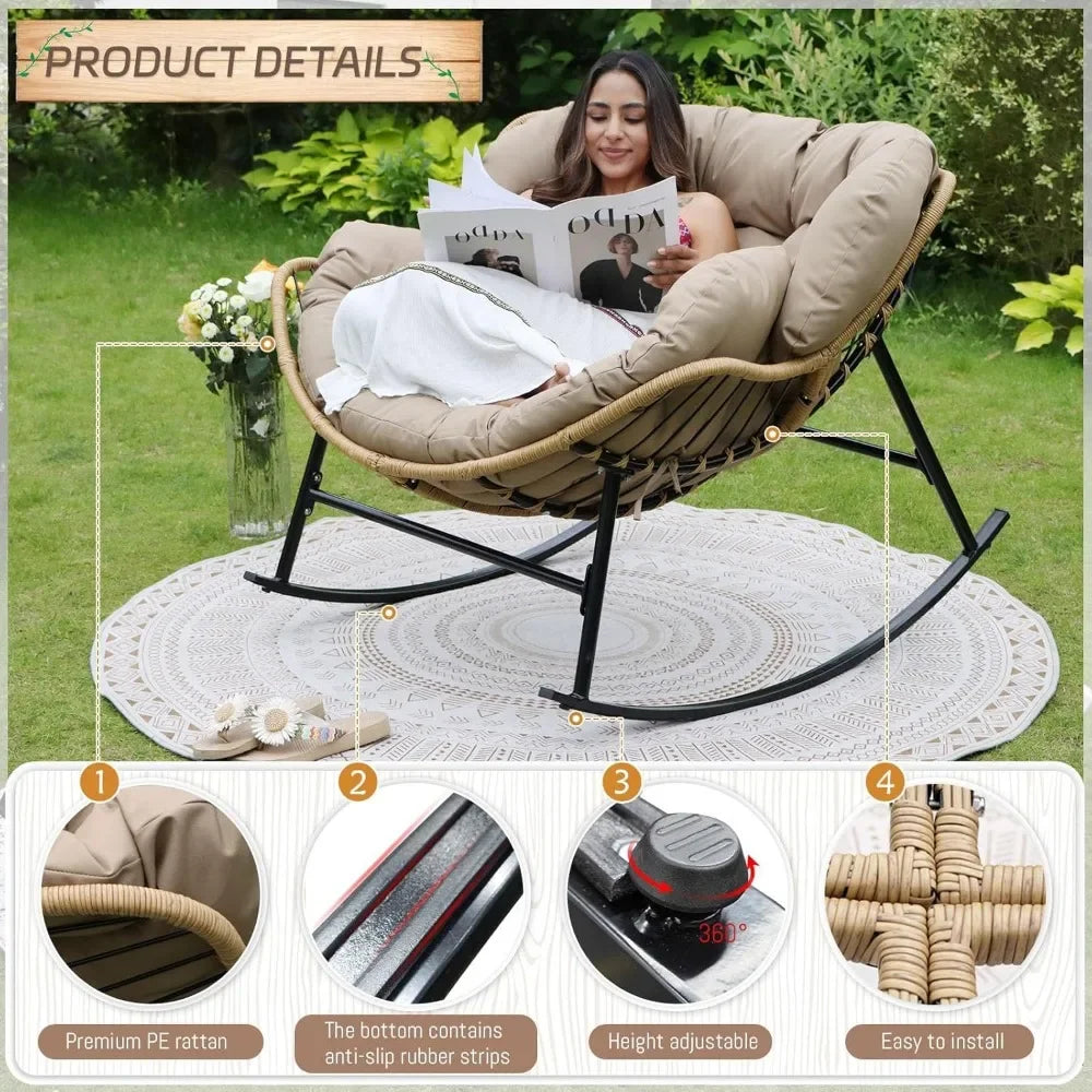 Oversized PE Rattan Rocking Lounge Chair with 18" Seat Depth & All Weather Fabric Padded Cushions